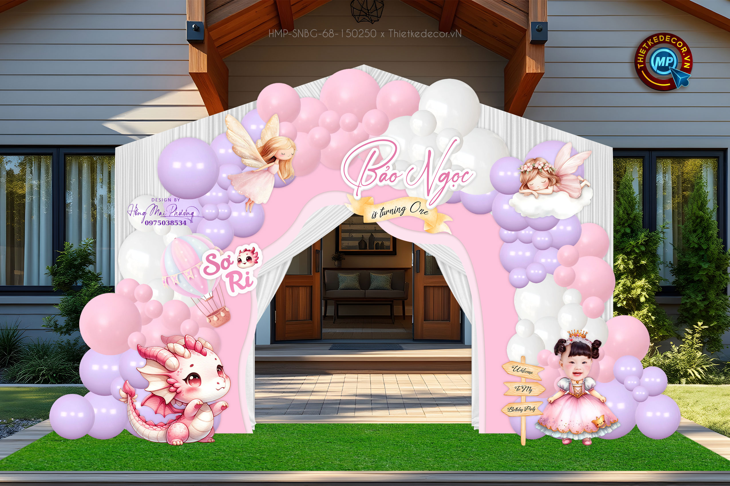 Cổng trang trí sinh nhật bé gái tuổi rồng tone hồng